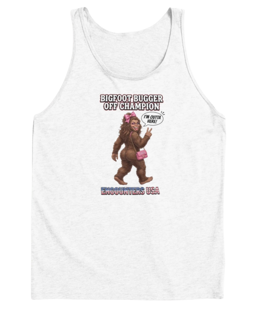 Bigfoot Bugger Off funny Bigfoot design on dark heather tank top - official Encounters USA merch