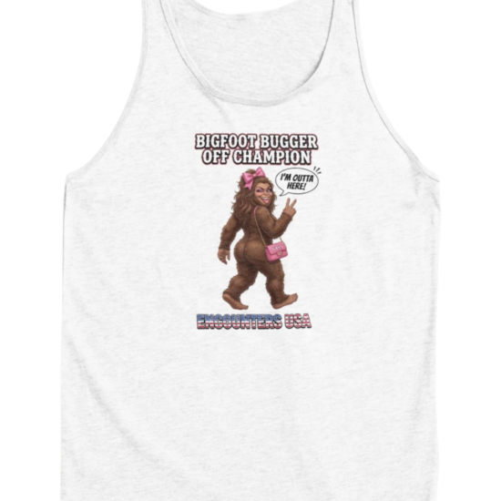 Bigfoot Bugger Off funny Bigfoot design on dark heather tank top - official Encounters USA merch