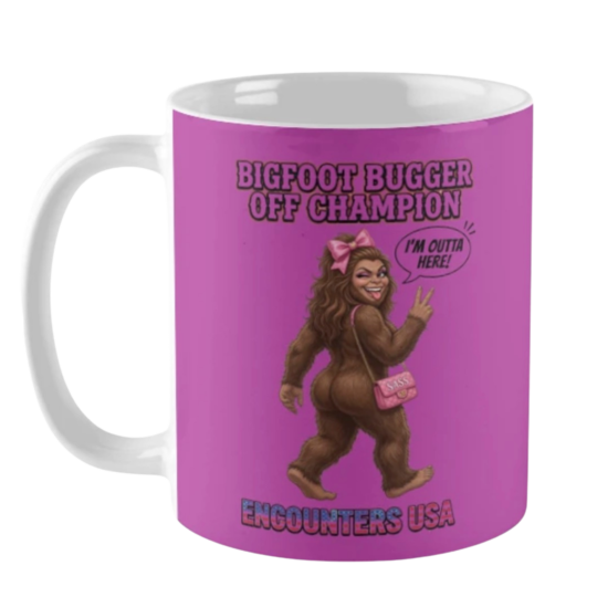 Bigfoot Bugger Off funny Bigfoot design on black ceramic coffee mug - official Encounters USA merch