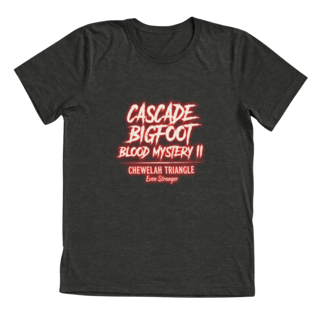 Dark gray tri-blend t-shirt with Cascade Bigfoot Blood Mystery II - Chewelah Triangle "Even Stranger" design