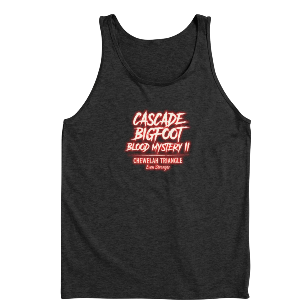 Dark gray tri-blend tank top showing Cascade Bigfoot Blood Mystery II Chewelah Triangle horror design