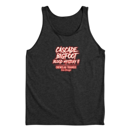 Dark gray tri-blend tank top showing Cascade Bigfoot Blood Mystery II Chewelah Triangle horror design