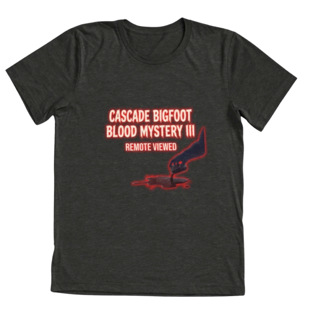 Dark gray tri-blend t-shirt featuring Cascade Bigfoot Blood Mystery III Remote Viewed Sasquatch horror design