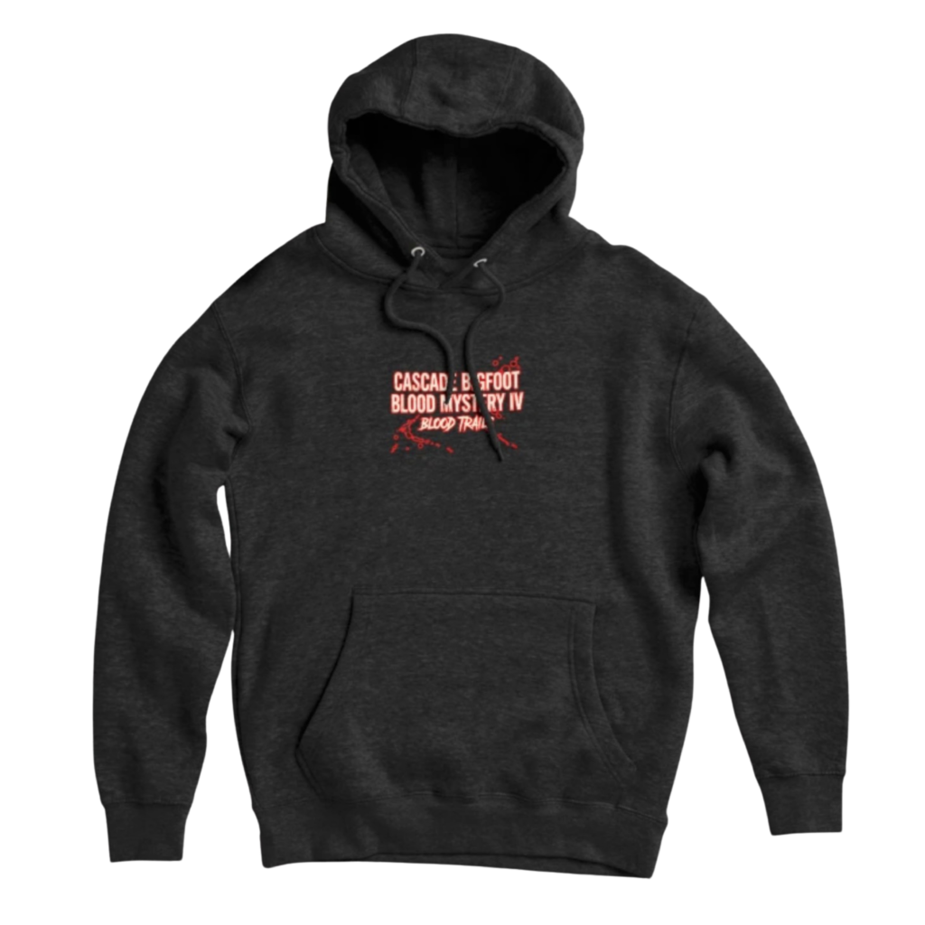 Dark gray pullover hoodie featuring Cascade Bigfoot Blood Mystery IV Blood Trails Sasquatch design