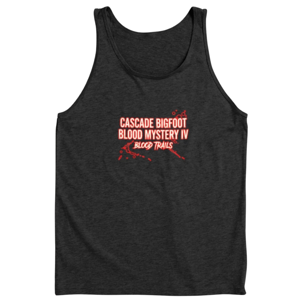 Dark gray tank top displaying Cascade Bigfoot Blood Mystery IV - Blood Trails chilling design