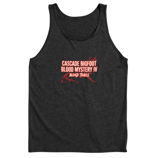 Dark gray tank top displaying Cascade Bigfoot Blood Mystery IV - Blood Trails chilling design