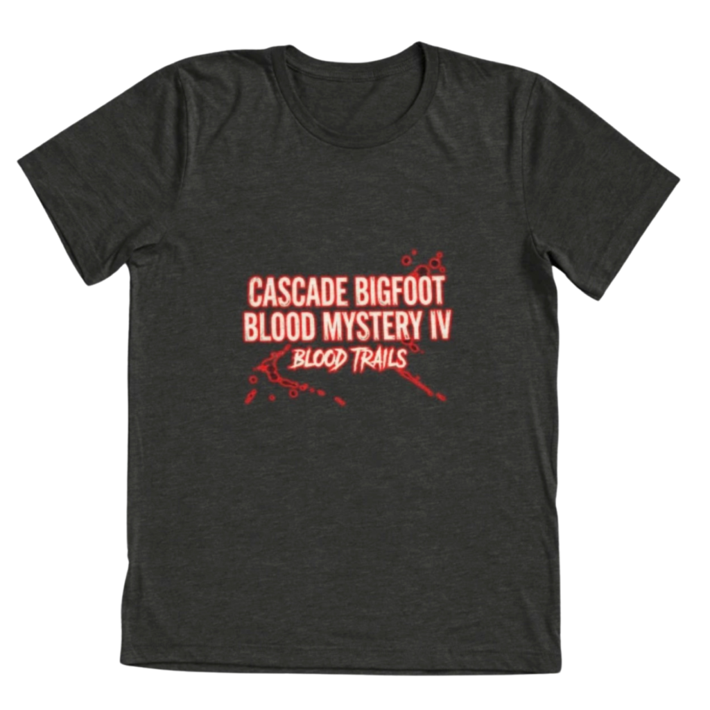 Dark gray tri-blend t-shirt with Cascade Bigfoot Blood Mystery IV Blood Trails horror design in red