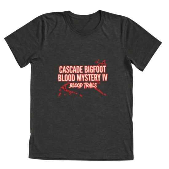 Dark gray tri-blend t-shirt with Cascade Bigfoot Blood Mystery IV Blood Trails horror design in red