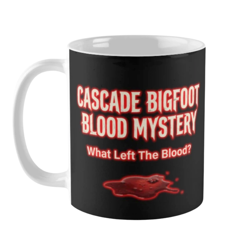 Black coffee mug featuring Cascade Bigfoot Blood Mystery design with red text "What Left The Blood?" and bloody puddle graphic