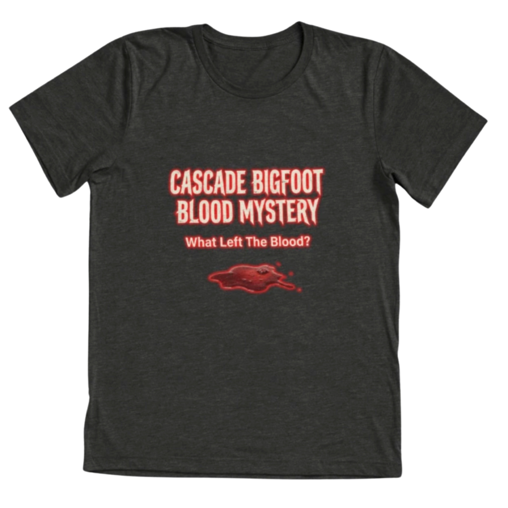 Dark gray tri-blend t-shirt featuring Cascade Bigfoot Blood Mystery III Remote Viewed Sasquatch horror design