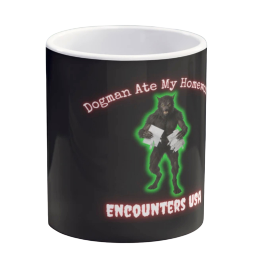 Dogman Ate My Homework funny mischievous Dogman holding torn homework design on black ceramic coffee mug - official Encounters USA merch