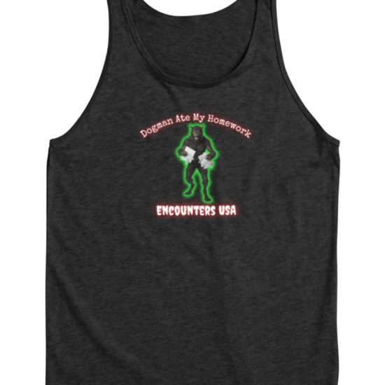 Dogman Ate My Homework funny mischievous Dogman holding torn homework design on dark heather tank top - official Encounters USA merch