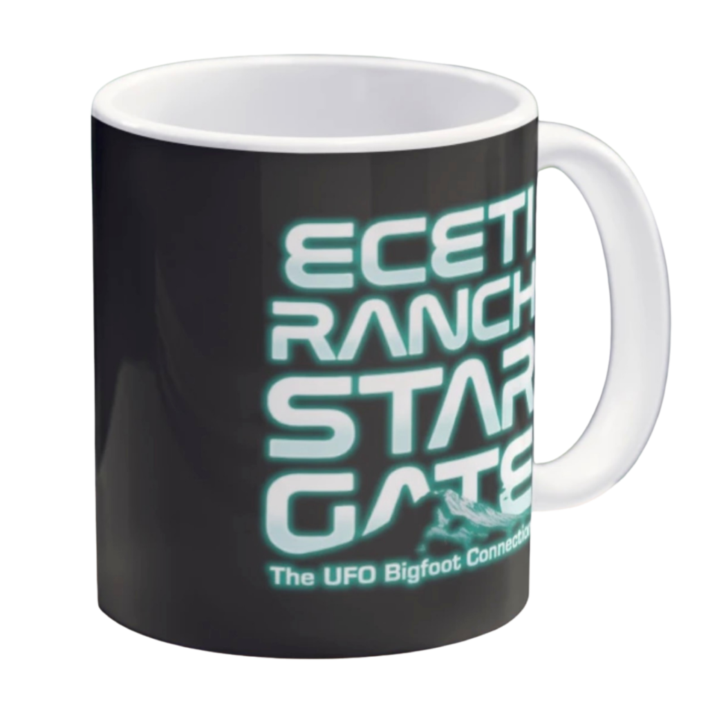 Black coffee mug with ECETI Ranch Star Gate glowing blue design "The UFO Bigfoot Connection"