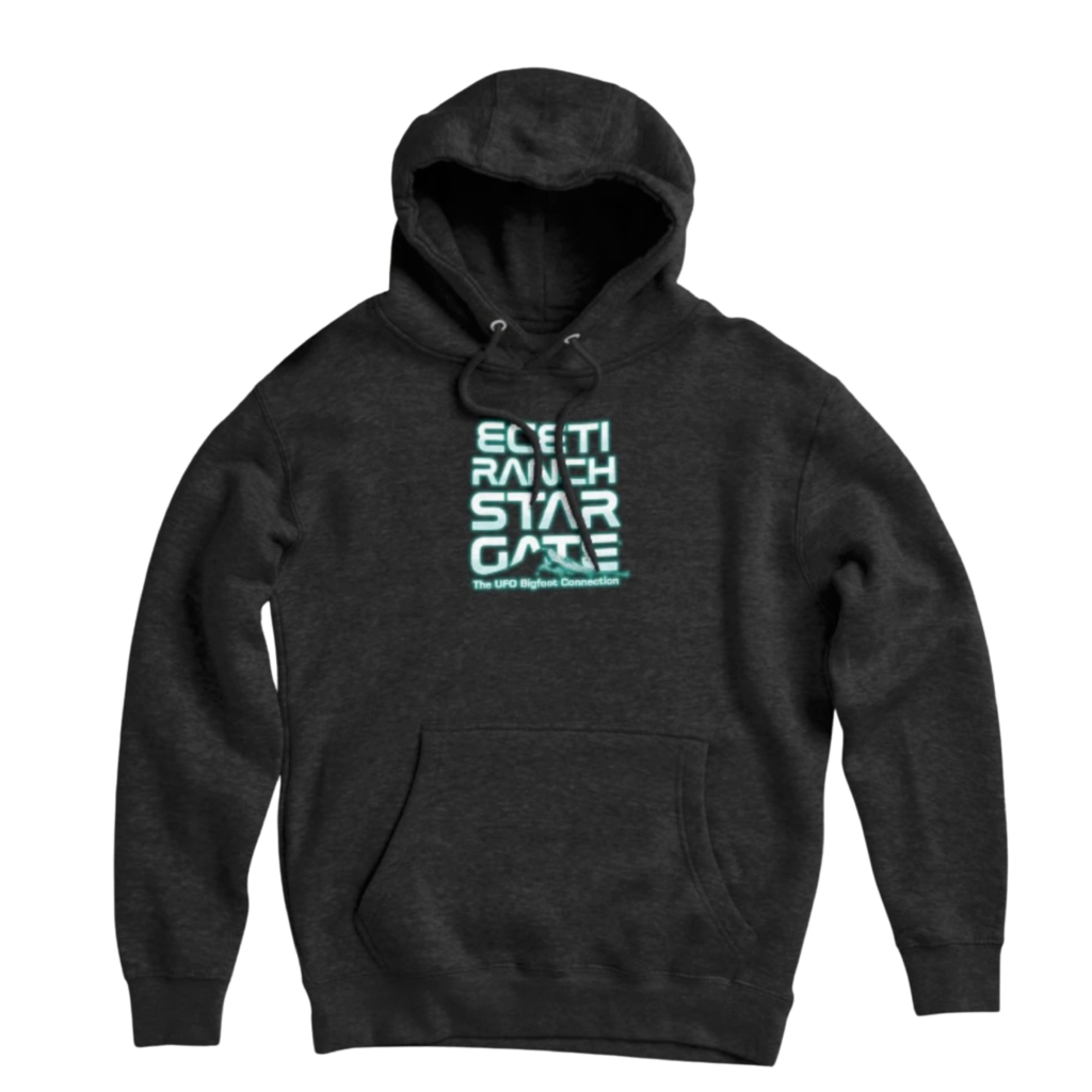 Dark gray pullover hoodie showing ECETI Ranch Star Gate - The UFO Bigfoot Connection glowing design
