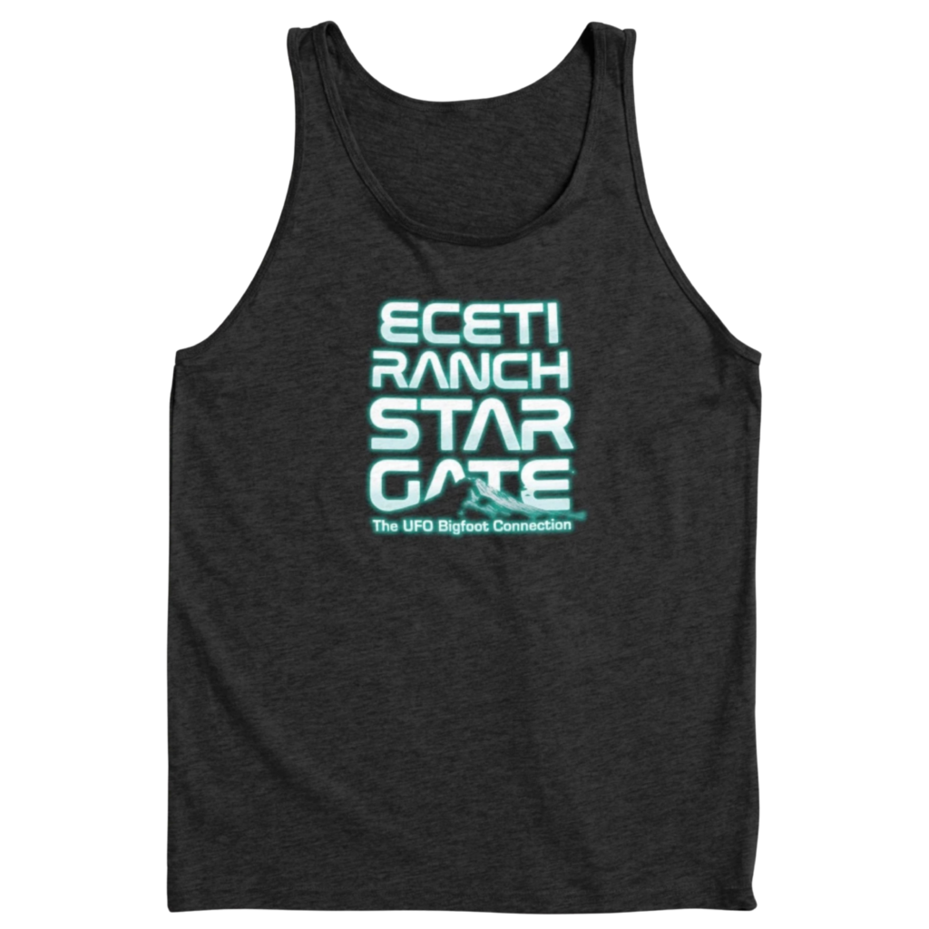 Dark gray tank top with ECETI Ranch Star Gate glowing cyan design "The UFO Bigfoot Connection"