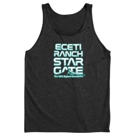 Dark gray tank top with ECETI Ranch Star Gate glowing cyan design "The UFO Bigfoot Connection"
