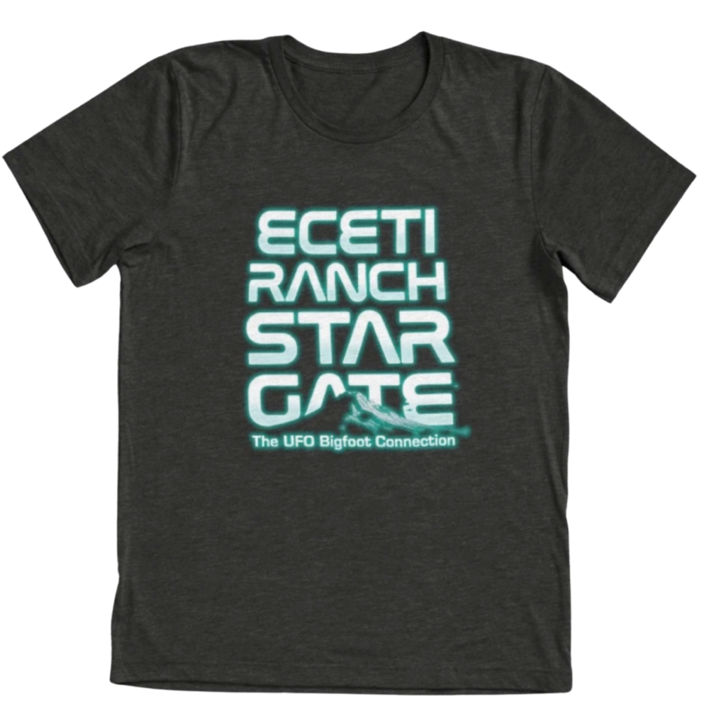 Dark gray tri-blend t-shirt featuring ECETI Ranch Star Gate futuristic cyan text with mountain graphic