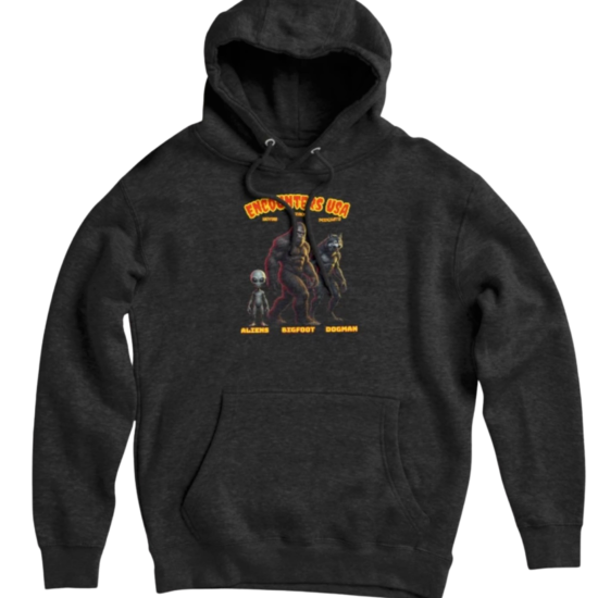 Encounters USA Cryptid Crew featuring Grey Alien, Bigfoot and Dogman on dark charcoal pullover hoodie