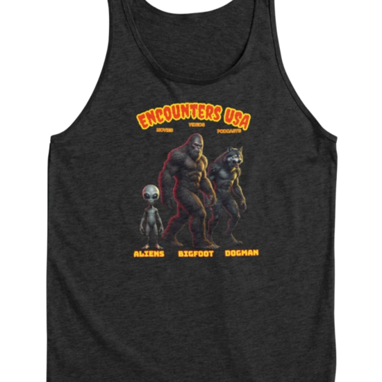 Encounters USA Cryptid Crew featuring Grey Alien, Bigfoot and Dogman on dark heather tank top