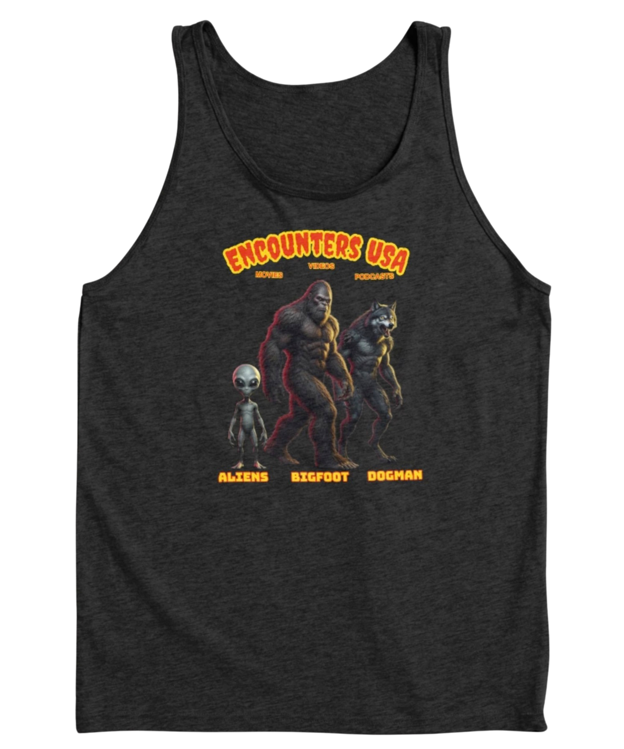 Encounters USA Cryptid Crew featuring Grey Alien, Bigfoot and Dogman on dark heather tank top