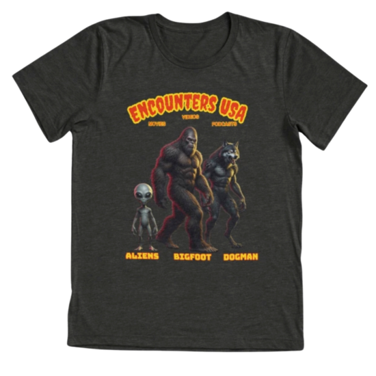 Encounters USA Cryptid Crew featuring Grey Alien, Bigfoot and Dogman on dark heather triblend t-shirt