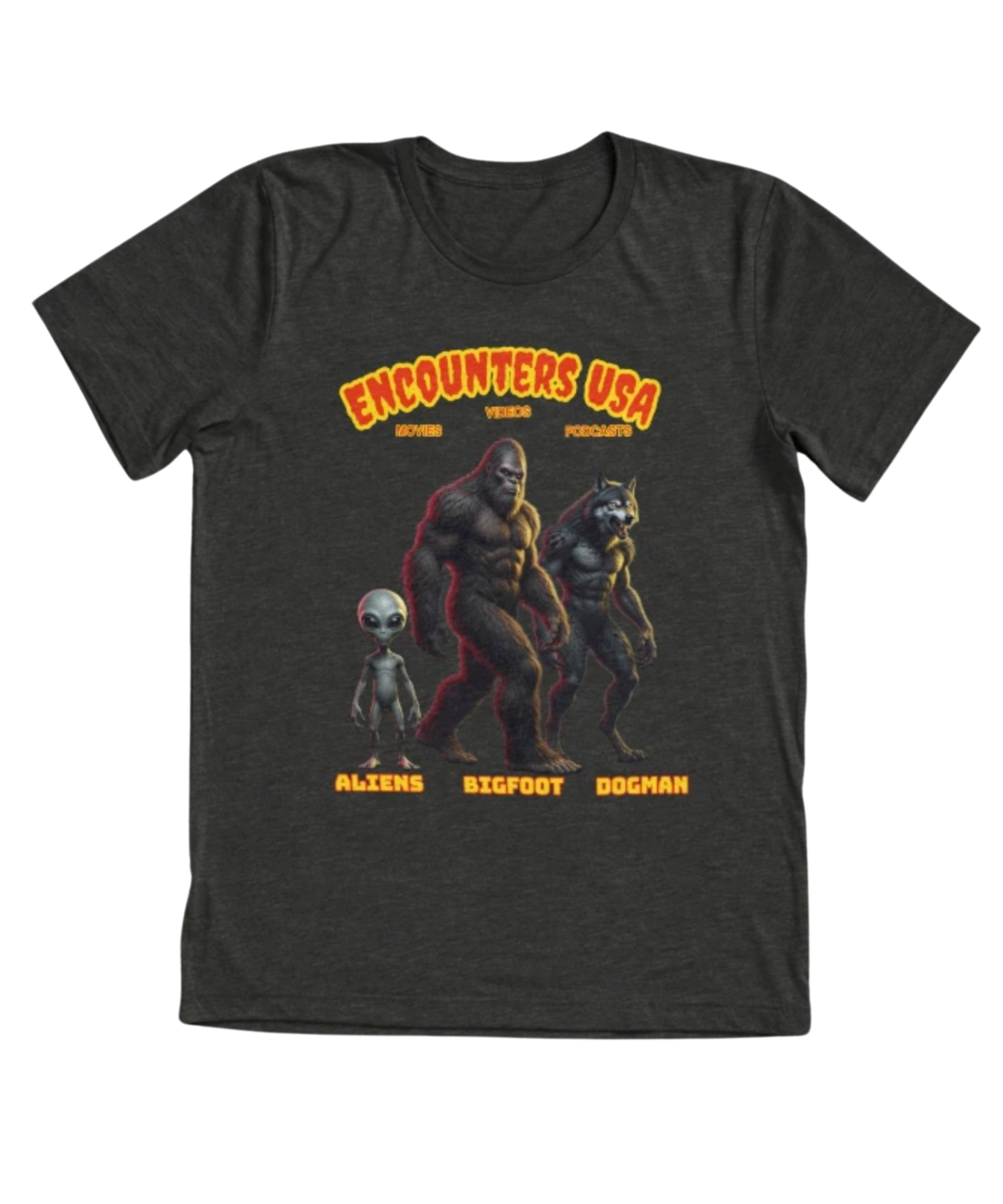Encounters USA Cryptid Crew featuring Grey Alien, Bigfoot and Dogman on dark heather triblend t-shirt