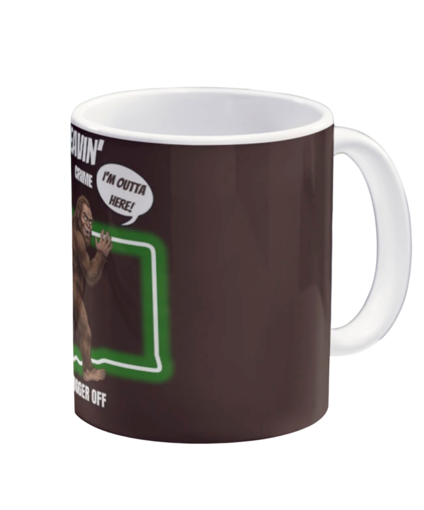 Dark coffee mug with “I Be Leavin’ Taxes Crime Democrats” Bigfoot waving goodbye to the PNW design.