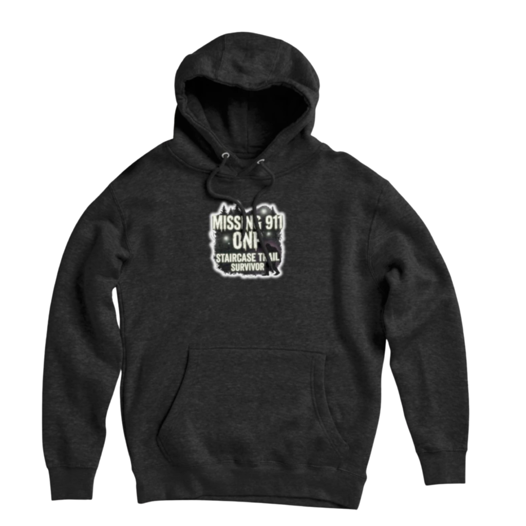 Dark gray pullover hoodie with Missing 911 ONP Staircase Trail Survivor spooky forest and Sasquatch design