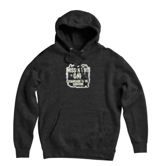 Dark gray pullover hoodie with Missing 911 ONP Staircase Trail Survivor spooky forest and Sasquatch design
