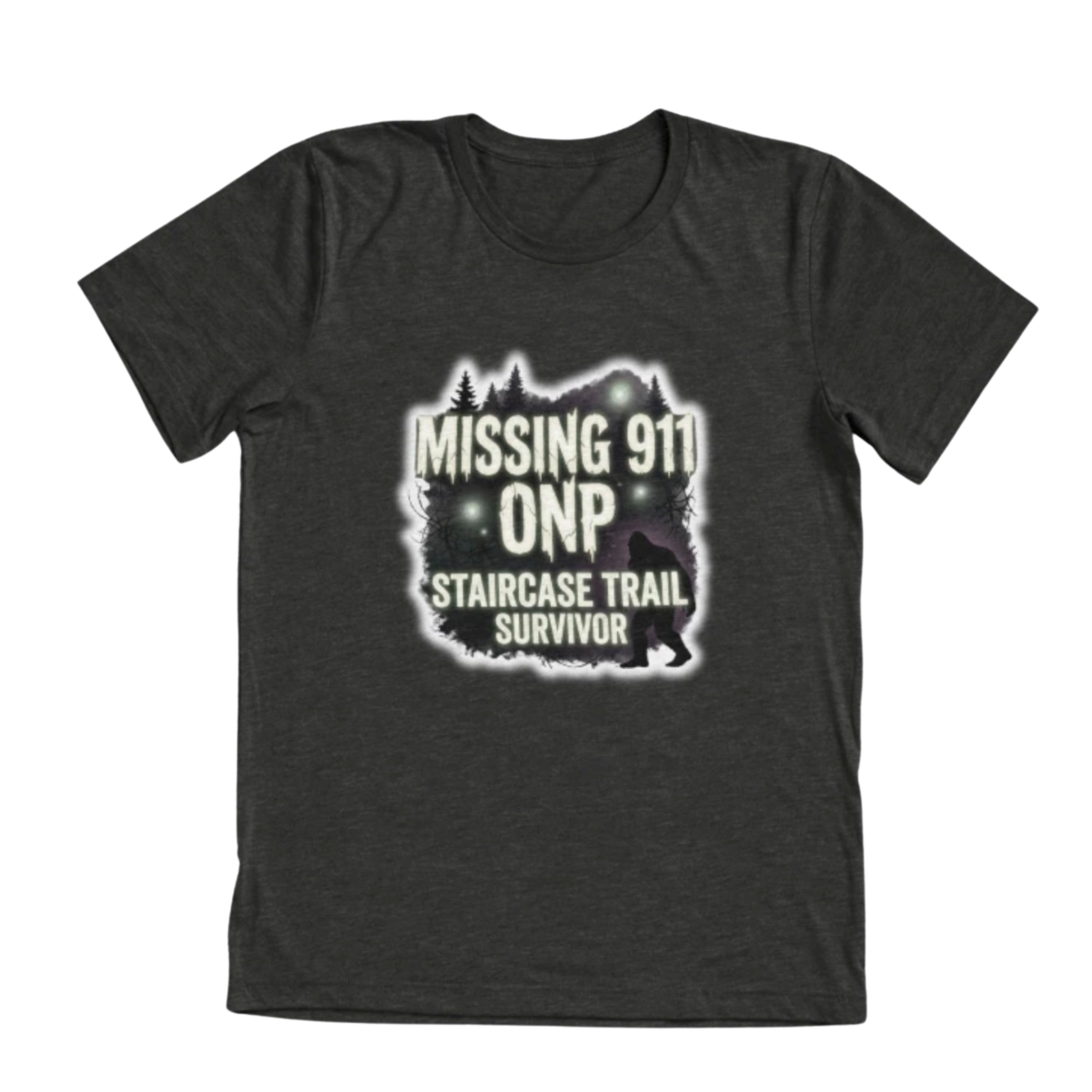Dark gray tri-blend t-shirt with Missing 911 ONP Staircase Trail Survivor design featuring glowing forest and Bigfoot silhouette