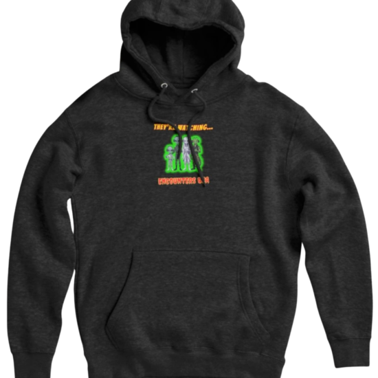 They're Watching funny grey alien pointing design on dark charcoal pullover hoodie - official Encounters USA merch