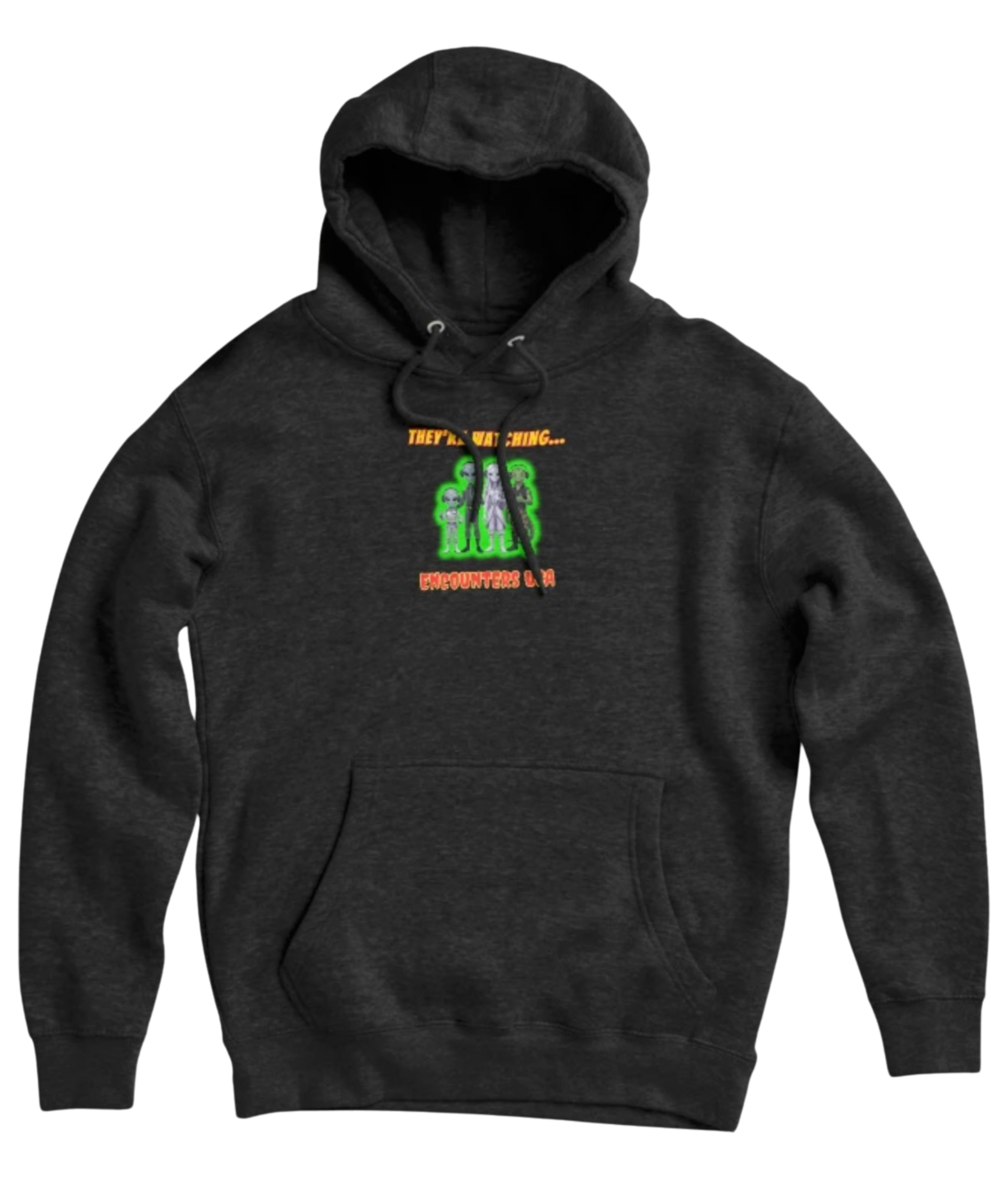They're Watching funny grey alien pointing design on dark charcoal pullover hoodie - official Encounters USA merch