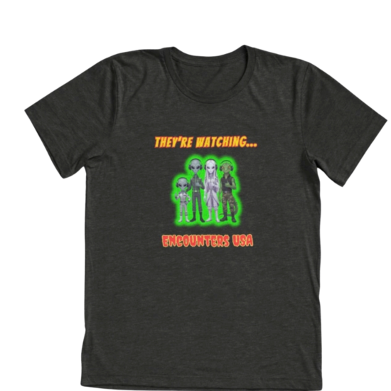They're Watching funny grey alien pointing design on dark heather triblend t-shirt - official Encounters USA merch
