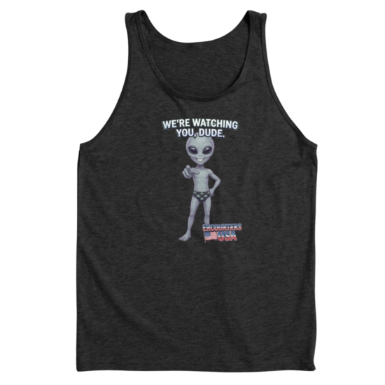 We're Watching You Dude funny grey alien pointing design on dark heather tank top - official Encounters USA merch
