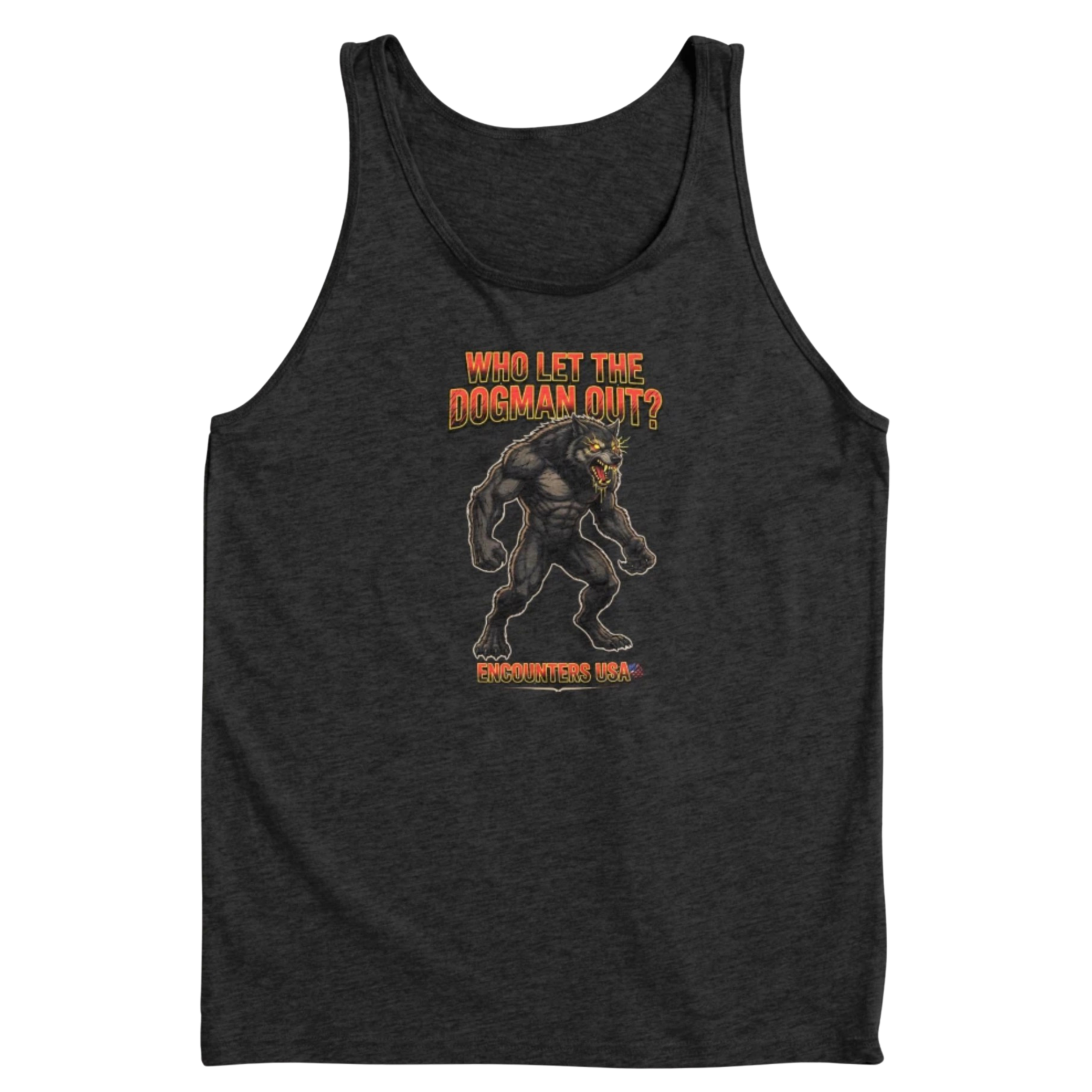 Who Let The Dogman Out funny snarling Dogman design on dark heather tank top - official Encounters USA merch