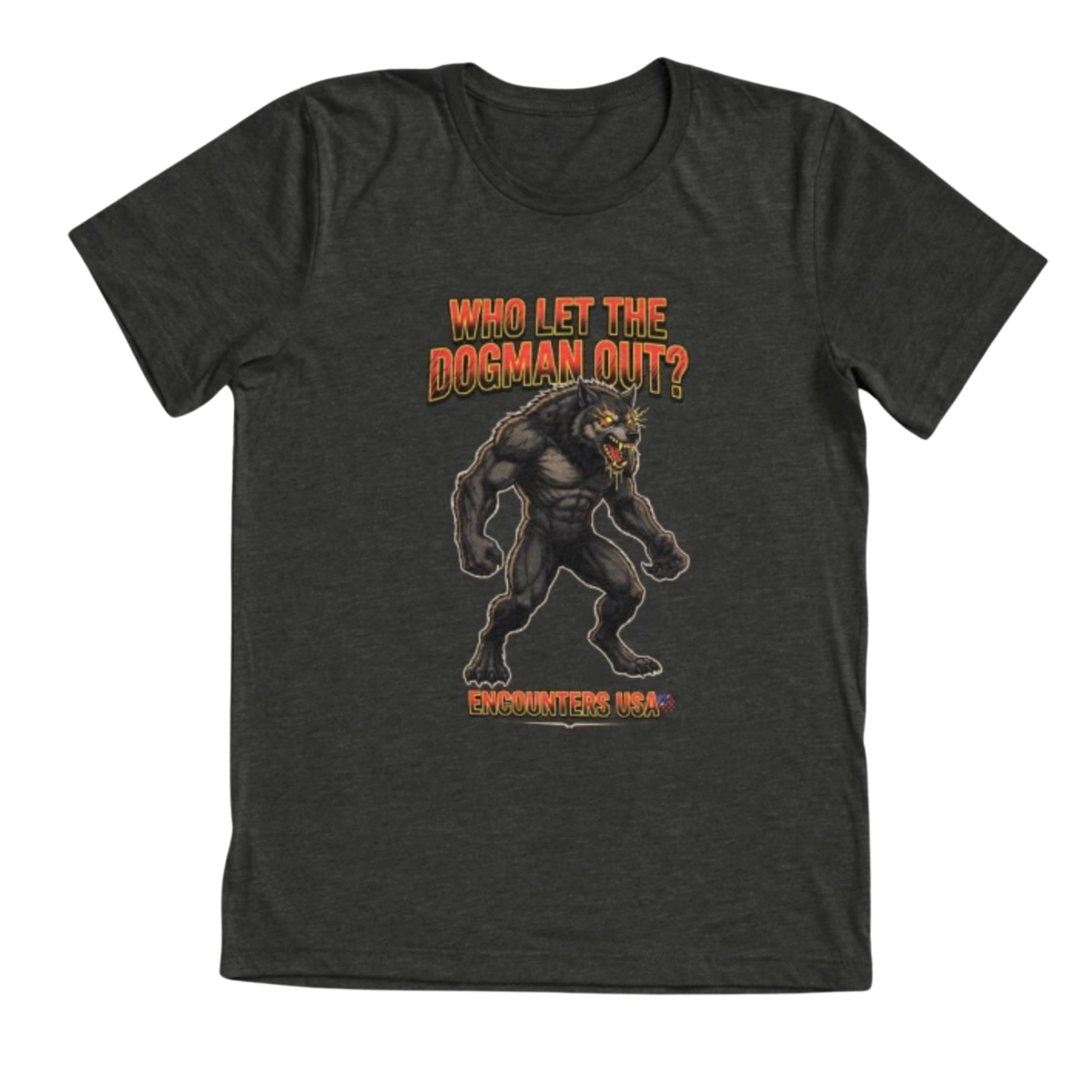 Who Let The Dogman Out funny snarling Dogman design on dark heather tank top - official Encounters USA merch