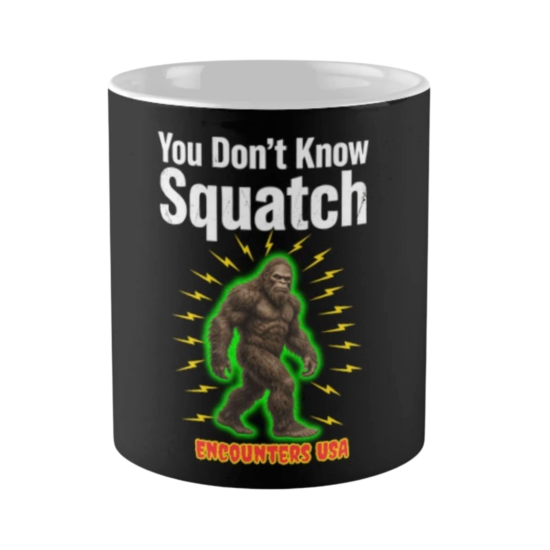 You Don't Know Squatch electric glowing Bigfoot with lightning bolts on black ceramic coffee mug - official Encounters USA merch