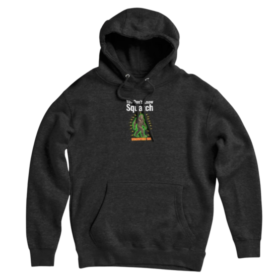 You Don't Know Squatch electric glowing Bigfoot with lightning bolts on dark charcoal pullover hoodie - official Encounters USA merch