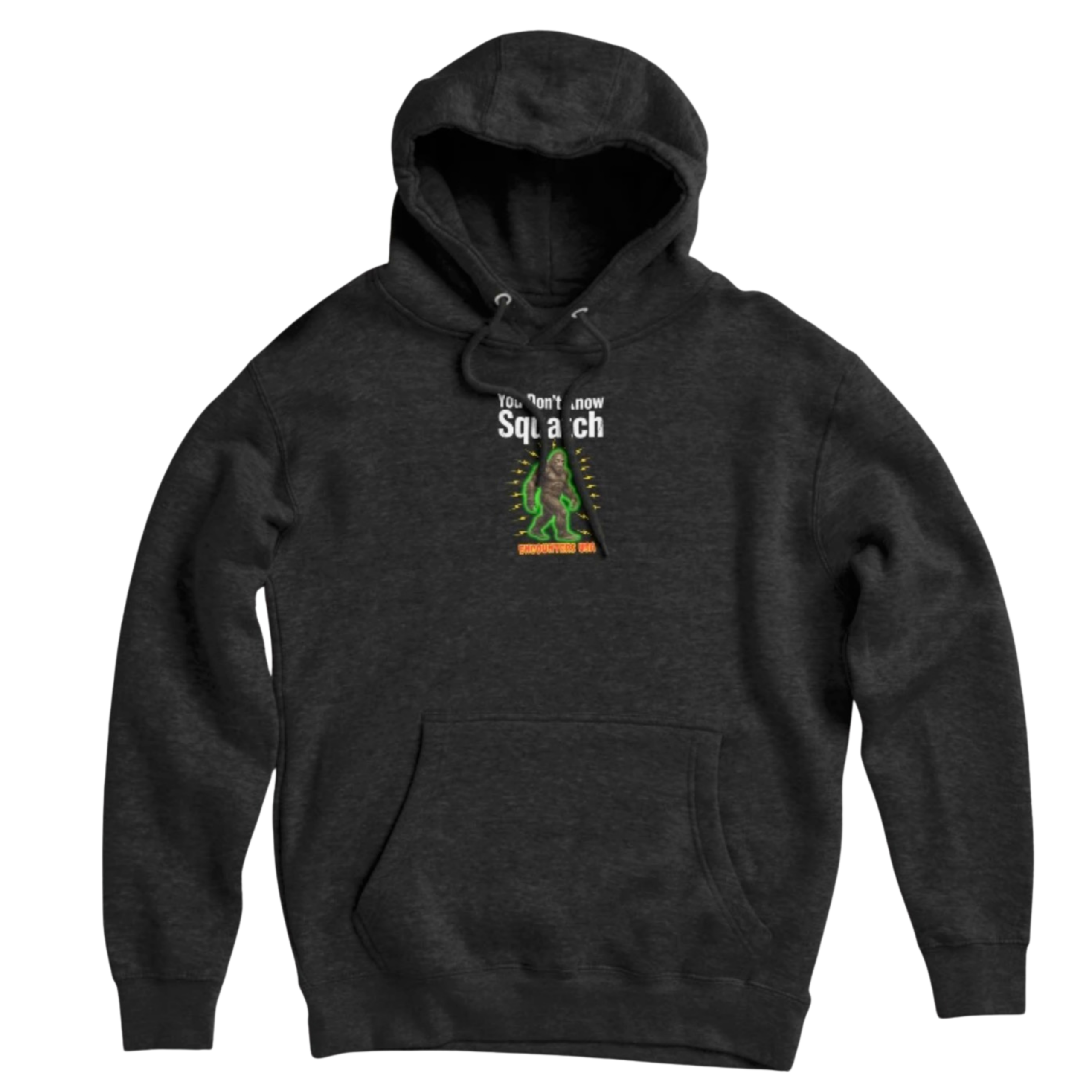 You Don't Know Squatch electric glowing Bigfoot with lightning bolts on dark charcoal pullover hoodie - official Encounters USA merch