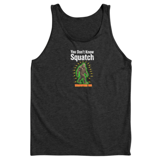 You Don't Know Squatch electric glowing Bigfoot with lightning bolts on dark heather tank top - official Encounters USA merch