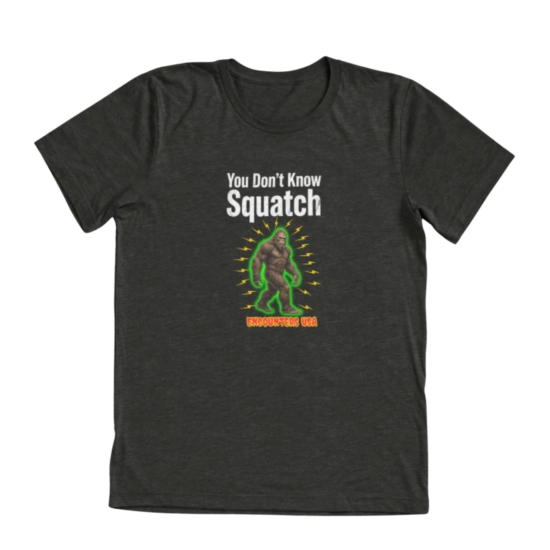 You Don't Know Squatch electric glowing Bigfoot with lightning bolts on dark heather triblend t-shirt - official Encounters USA merch