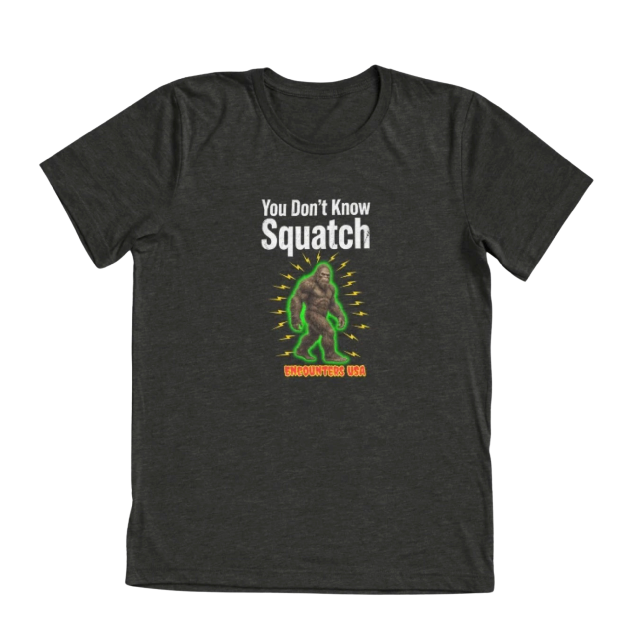 You Don't Know Squatch electric glowing Bigfoot with lightning bolts on dark heather triblend t-shirt - official Encounters USA merch