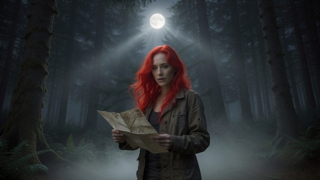 lara Voss standing in a misty moonlit forest holding an old map, with vibrant red hair and tactical field jacket, investigating the Chewelah Triangle for Cascade Bigfoot Blood Mystery.
Caption: