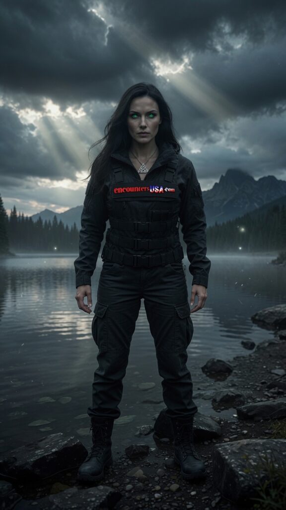 able Voss, intense co-host and investigator of Cascade Bigfoot Blood Mystery II, standing at a misty lake in the Chewelah Triangle with glowing green eyes, wearing a tactical vest with Encounters USA logo, surrounded by dark forest and red mist at twilight.